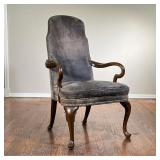 Suede Upholstered Library Chair | Georgian style library chair with curved arms, having greenish gra