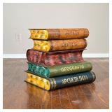 Book Side Table | 20th century painted tin storage box / side table in the form of vintage books; to