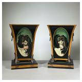 Pair Tole Planters | A pair of hand-painted tole planters with King Charles cavalier dogs . - l. 7 x