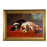 Oil Painting Of Dogs | Oil on canvas painting of two King Charles cavalier dogs en repose with fruit