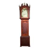 English Longcase Clock | Scroll top with pressed brass rosettes and three brass finials, the face wi