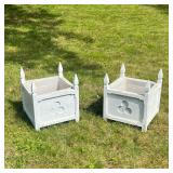 Pair Of Planters | Pair of wood planters painted white with four posts at each corner and a clover-s