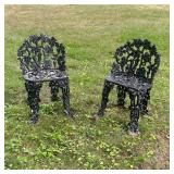 Pair Wrought Iron Chairs | Two small wrought iron garden chairs with grapevine motifs composing the 