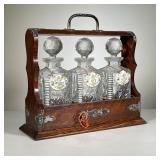 Cased Decanters Set | Three crystal decanters each with porcelain labels (brandy, rye, wine) nested 