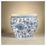 Large Blue & White Glazed Bowl | Fish bowl or jardiniere with floral blue underglaze pattern. - h. 1