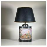 Painted Tole Lamp | Cylindrical black table lamp, painted toleware depicting Chinese children playin