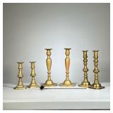 (7pc) Brass Candlesticks | Three pairs of brass candlesticks and a brass snuffer. - h. 11 in (taller