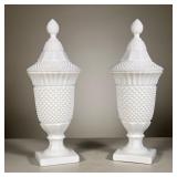Pair White Jars | Pair of acorn textured white urns / jars. - h. 15 in (each) 