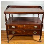 Wood Bar Cart | Dark wood finish service with contrasting wood trims, bar / serving cart on casters;
