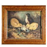 1909 Painting Of Baby Pheasants | Framed painting of three recently hatched pheasant nestlings; sign