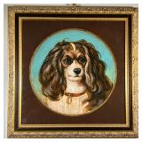 OIL PAINTING OF DOG | Regal portrait in tondo of a very good King Charles Cavalier dog; gilt frame. 