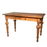 Rustic Light Pine Desk | Great color, rustic turned legs, with wood board top and a single drawer. -