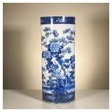 Blue & White Umbrella Stand | Tall porcelain umbrella stand with blue & white underglaze motif of fl