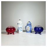 (4pc) Fragrance Jars | One Aerozon D.R.G.M #47 (missing pieces); pair of round glass lidded jars (re