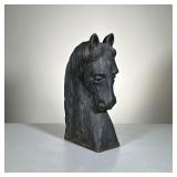 Carved Horse Bust | Carved wood horse bust with felt bottom, in black paint. - l. 9 x w. 4.5 x h. 18