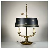 Brass Candlestick Lamp | Two arm brass candlestick lamp with black tole shade and arrow feather fini