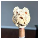 Bulldog Cane | Antique cane topped with carved bulldog handle; with brass accents. - h. 36.5 in 