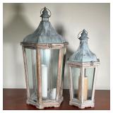 (2pc) Wood Lanterns | Including a large decorative wood lantern with glass panels and a matching lan