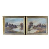 Pair Oil Paintings | Pair of framed oil paintings with landscape scenes, each depicting the same hou
