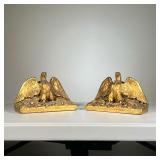Pair Eagle Bookends | Gilt carved wood eagle bookends with federal shield backs. - l. 9 x w. 3.5 x h