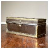 Vintage Storage Trunk | Leather wrapped wood trunk with hinged lid, having brass tacks and hardware 