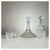(4pc) Crystal Liquor Set | Two large decanters, one with Waterford acid mark, and a pair of glass tu