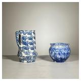 (2pc) Blue & White Pottery Vessels | Two abstract painted blue and white ceramic pieces: one tall pi