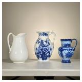 (3pc) Blue & White Jugs | Lot of three large pitchers: one blue and white W H Grindley Co. Osborne j