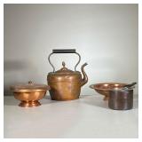 (4pc) Copper Items | Includes large teapot, bowl with pedestal, lidded sauce pot, and lidded serving