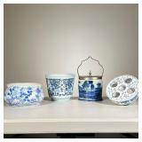 (4pc) Blue & White Items | Four miscellaneous blue and white items including: chinoiserie ice bucket