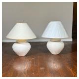 (2pc) Pair White Bulbous Lamps | White ceramic table lamps. - h. 22 x dia. 19 in (with shade) 