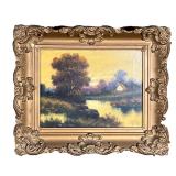 COUNTRYSIDE OIL PAINTING | Oil painting in stretched canvas depicting quiet country home by the rive