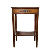 THE HAYDEN COMPANY BEDSIDE TABLE | Spruce nightstand with small drawer and lower shelf. Olive border