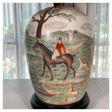 CERAMIC HUNTING LAMP | Large painted ceramic lamp depicting English hunting scene with men in horses