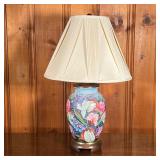COLORFUL FLORAL LAMP | Vibrant floral lamp with mahogany base and top. - h. 32 x dia. 19 in (with sh