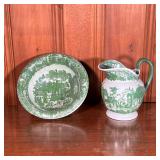 IRONSTONE CERAMIC BOWL AND PITCHER SET | Green ceramic brown and pitcher set made in England by Iron
