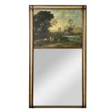 FRAMED OIL PAINTING & MIRROR | Mirror with oil painting on board above, depicts farmers by the river