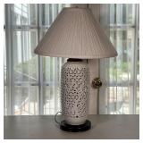 FLORAL WHITE CERAMIC LAMP | White ceramic lamp with floral relief. - h. 24 x dia. 16 in (with shade)