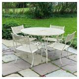 WHITE IRON PATIO SET | Includes: 4 grated white patio chairs and circular grated patio table with ho