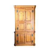 KNOTTED PINE CORNER CABINET | Corner cabinet/bookcase with 3 carved shelves and 2-door storage on bo
