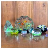 (7PC) COLORFUL GLASS PAPERWEIGHTS | Includes; 2 large aquatic paperweights with fish and sea life, f