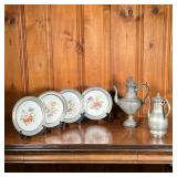 (6PC) MISC. PEWTER | Includes; 2 pewter coffee pots and 4 decorative floral ceramic plates with pewt