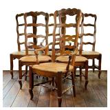 (6PC) CARVED RUSH SEAT DINING CHAIRS | Including two arm chairs and four side chairs; tall ladder ba