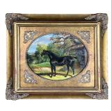 HORSE OIL PAINTING ON BOARD | Oil painting on board depicting black horse in a pasture in carved gil