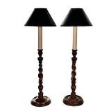 (2PC) PAIR SPIRAL MAHOGANY LAMPS | Mahogany lamps carved into a spiral and shaped like a candlestick