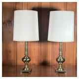 (2PC) PAIR BRASS LAMPS | Spindle brass lamps with square base and tall shade. - h. 34 x dia. 14.5 in