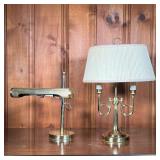 (2PC) BRASS DESK LAMPS | Includes; an actuating adjustable brass desk lamp plus another brass lamp. 