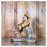 CARVED WOOD HORSE STATUE | Carved horse statue with natural wood support. - l. 16 x w. 8 x h. 17.5 i