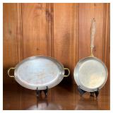 (2PC) COPPER COOKWARE | Includes; copper frying pan with brass and turned wood handle; and large ova
