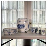 MIXED BLUE & WHITE CERAMICS | Includes; pair of handheld candlestick holders, large serving bowl, to